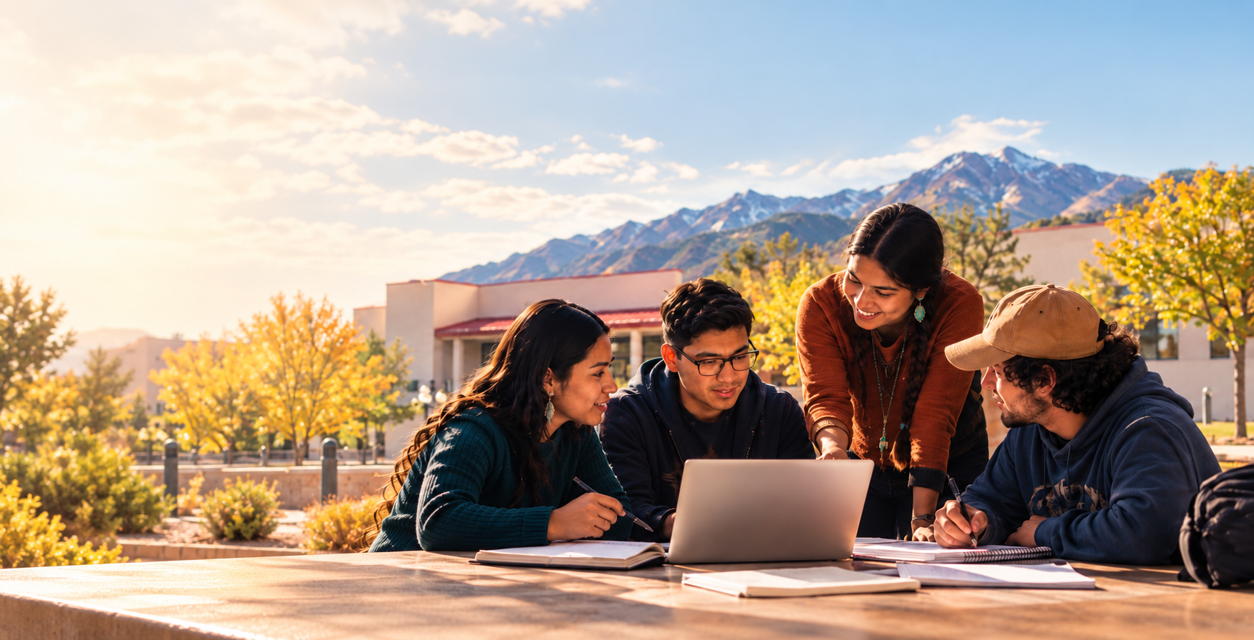 Students collaborating around a laptop on a New Mexico campus with mountains in the background